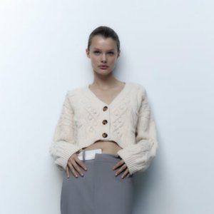 Cream Cable-Knit Zara Cropped Cardigan.